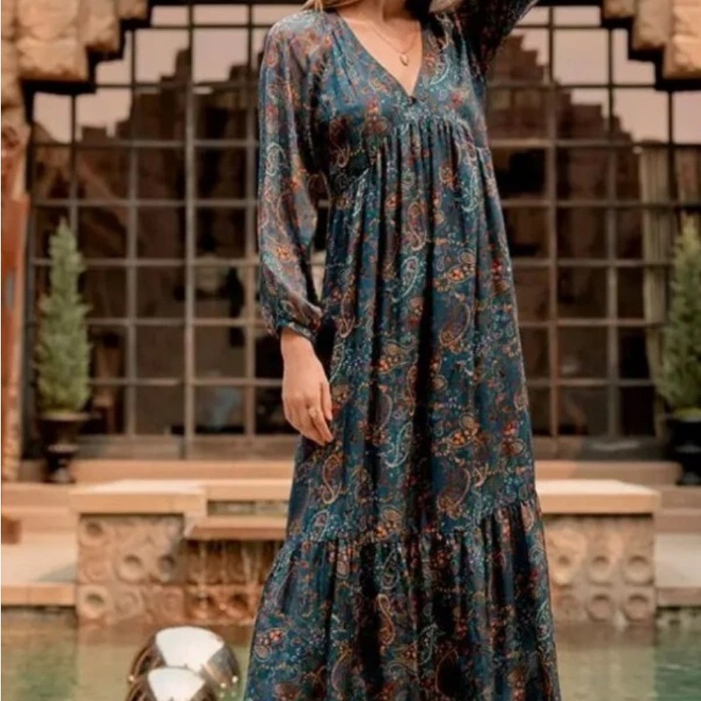 Johnny Was Teal and Rust Paisley Long Sleeve Dress 100% silk